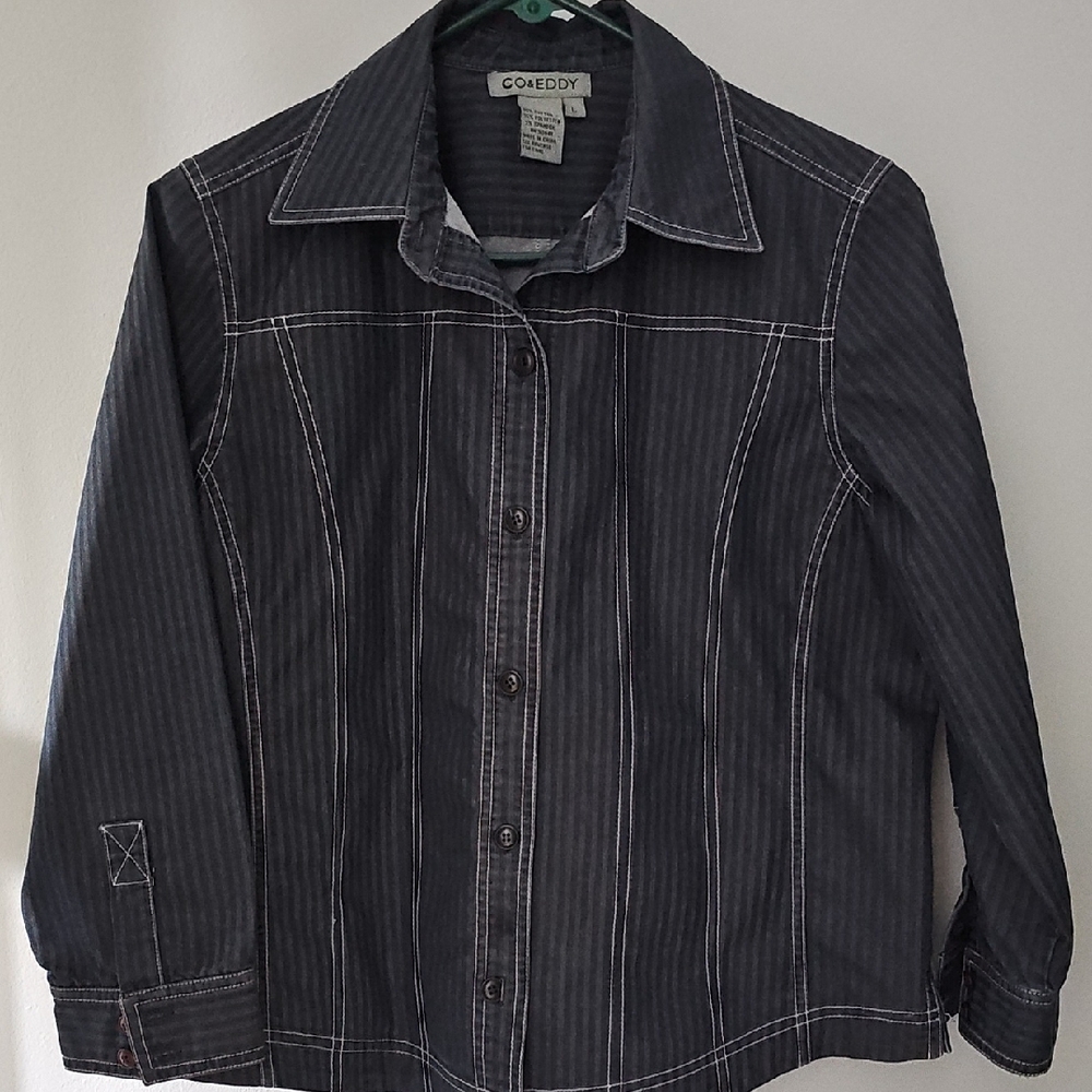 Co & Eddy Blue Jean Jacket Large Stretch Hip-Length Cut 90s Summer  Women